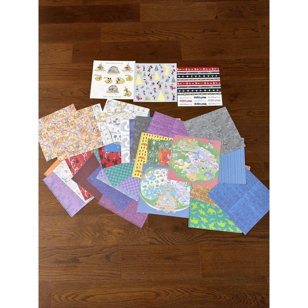 Disney Scrapbook Paper Lot 46 Sheets + Stickers Walt Disney World EPCOT Mickey